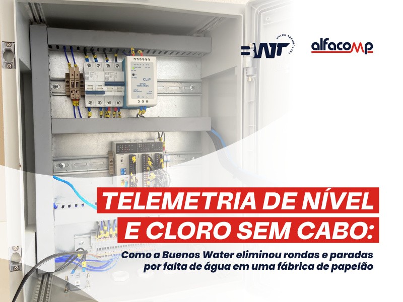 Sem cabo e sem ronda na mata: Buenos Water leva nível e cloro de um reservatório a quase 1 km até a sala da caldeira, com rádio Alfacomp e Haiwell