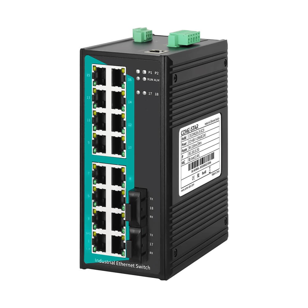 CISCOM6218-2F – Switch Ethernet industrial gerenciável Fast Ethernet com 2 portas fibra e 16 portas RJ45 para trilho DIN