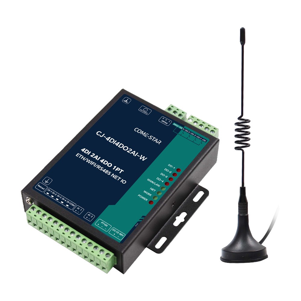 CJ-4DI4DO2AI-W – Controlador remoto industrial com 4 DI, 4 DO, 2 AI, PT100, RS485, Ethernet e Wi-Fi
