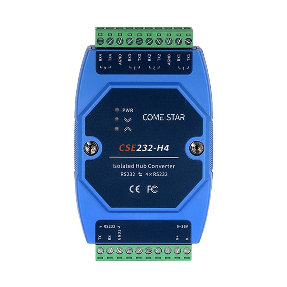 CSE232-H4 – Conversor HUB RS232 industrial isolado com 1 porta master e 4 portas slave para trilho DIN