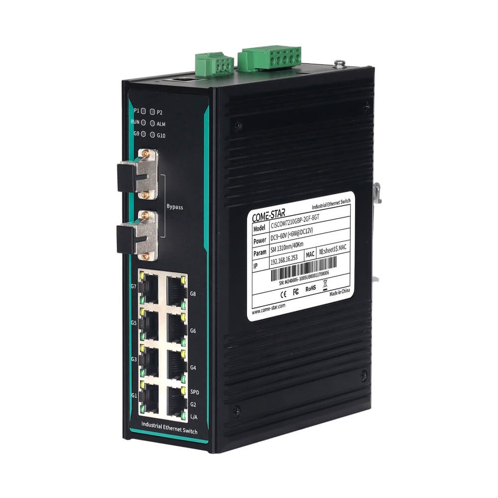 CISCOM7210GBP-2GF-8GT – Switch Ethernet industrial gerenciável Gigabit com função bypass, 2 portas SFP e 8 portas RJ45 para trilho DIN