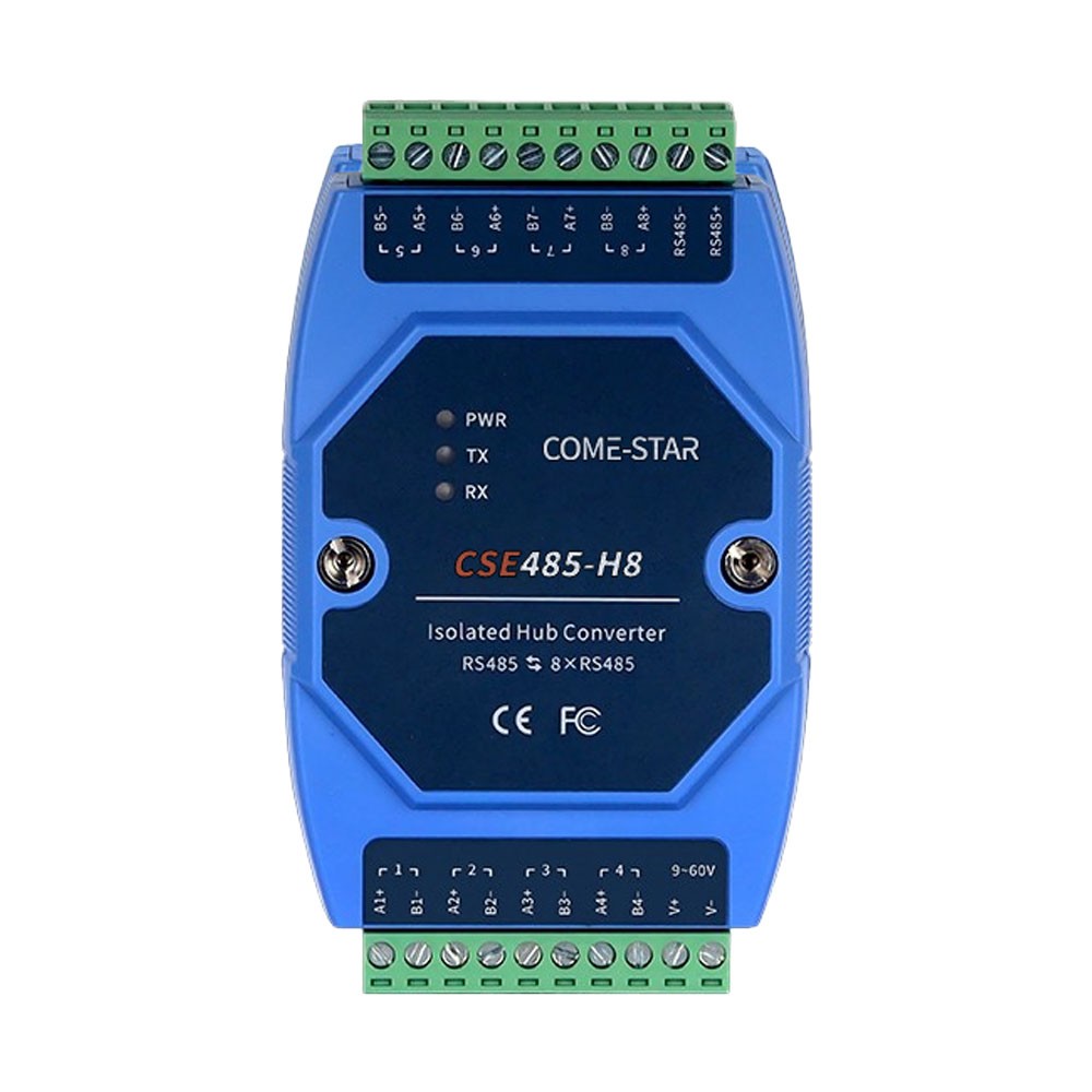 CSE485-H8 – Conversor HUB serial industrial RS485 com 1 porta master e 8 portas slave com isolação elétrica para trilho DIN