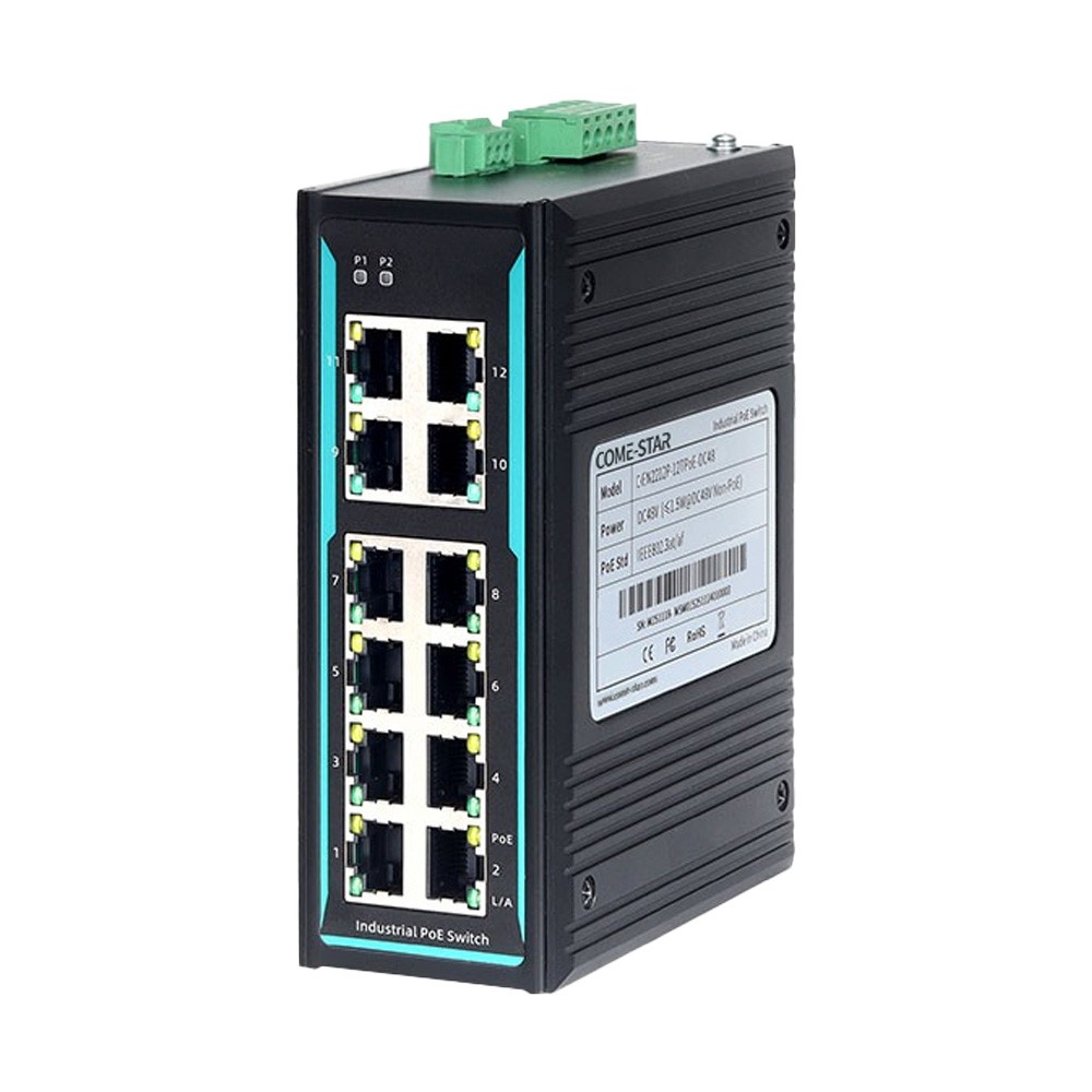 CIEN2212P-12TPoE-DC48 – Switch Ethernet industrial PoE não gerenciável com 12 portas Fast Ethernet e alimentação DC48V