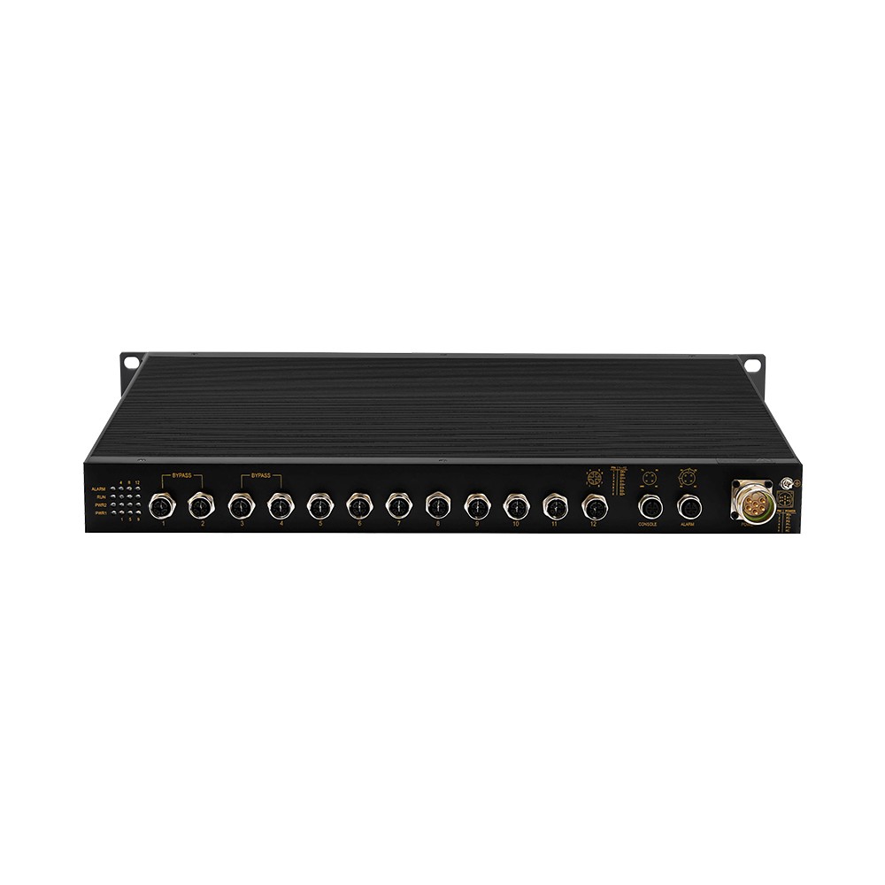 CTS7012G-M12-12GT – Switch Ethernet industrial gerenciável Gigabit com 12 portas M12 e função Bypass para rack 19"