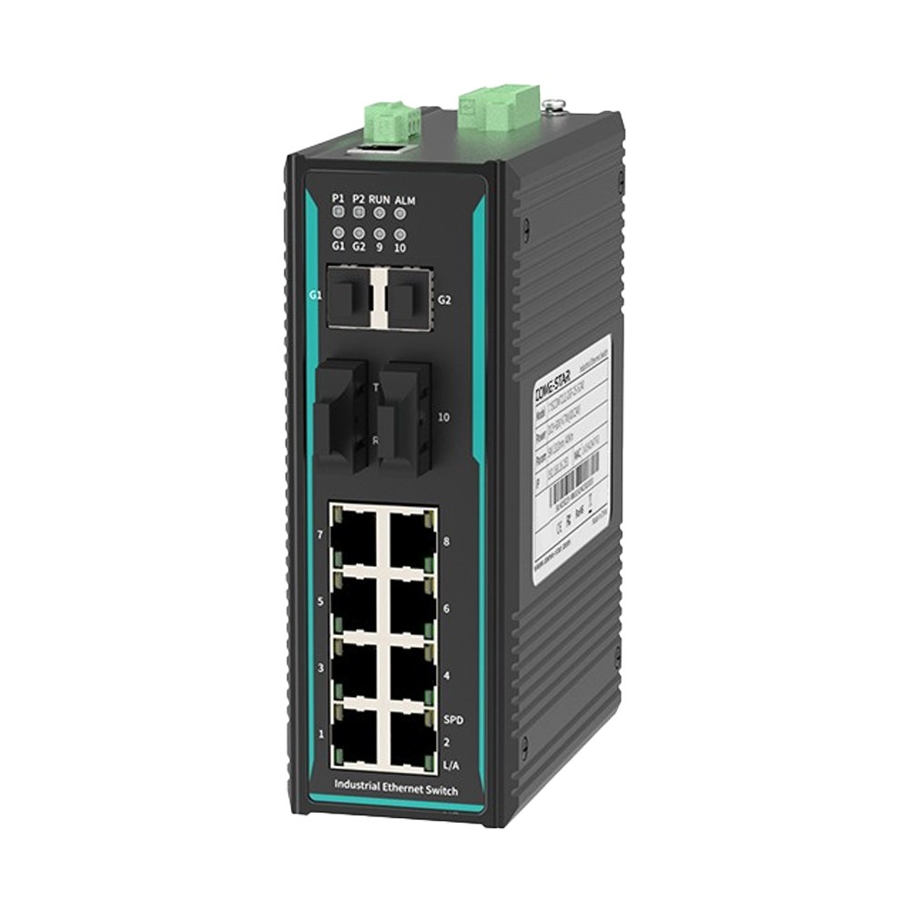 CISCOM7212-2GF-2F – Switch Ethernet industrial gerenciável Gigabit com 2 portas SFP, 2 portas fibra e 8 portas RJ45 para trilho DIN